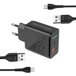 Зарядное устройство Grand-X QC3.0 18W + microUSB + Type-C cables (CH-650MT)