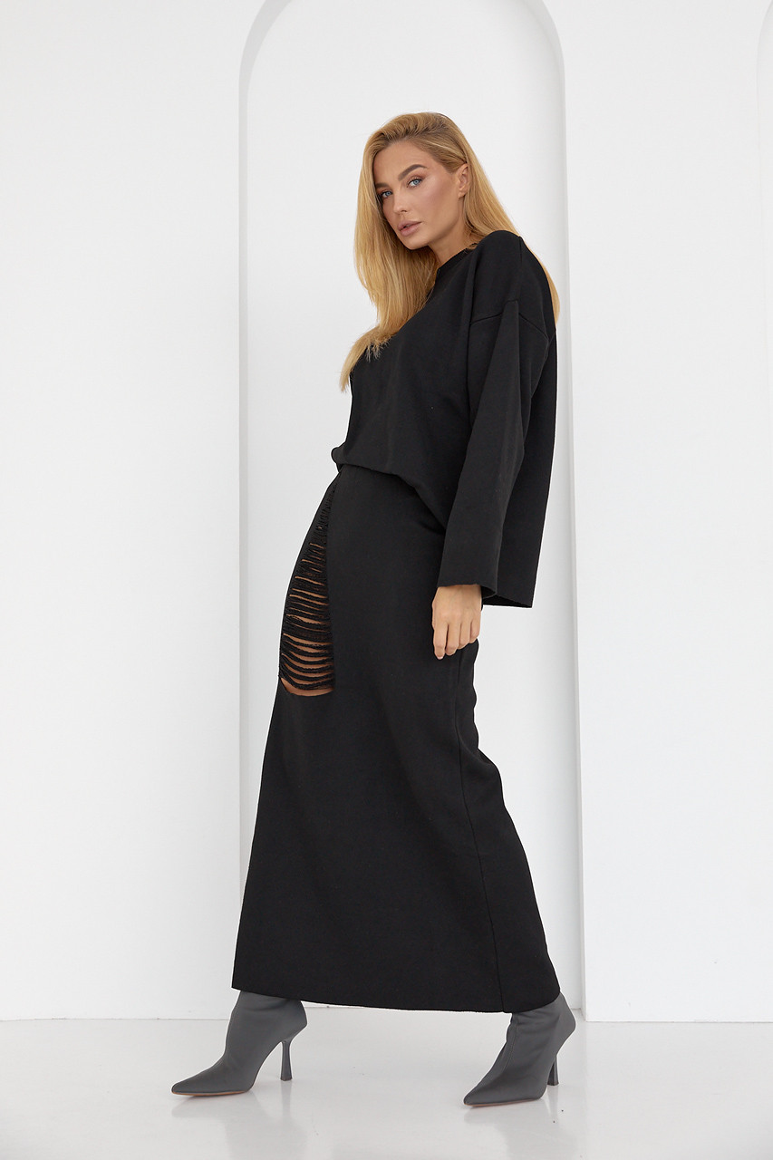 Женский юбочный костюм с с оригинальным декором - черный цвет, L (есть размеры) - фото 2 - id-p2194272092
