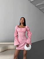 Женственное мини платье с красивыми рукавами коттон розовый