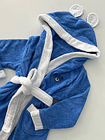 Дитячий махровий халат з ведмедиком синій 100% бавовна (пояс+капюшон)