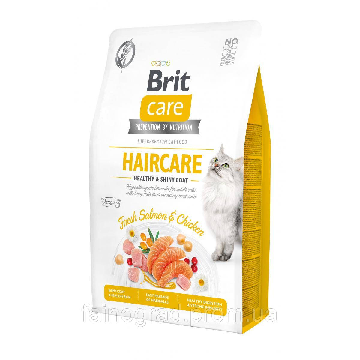 Корм для кішок із довгою шерстю Brit Care Haircare Healthy Shiny Coat 2 кг з куркою і лосо FG, код: 6763284