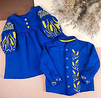Вышиванка на мальчика синяя с колосками, Рубашка с ассиметричной вышивкой двунитка