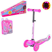 Самокат детский, 3-колесный, трехцветный, Barbie, складной, PU колеса светятся