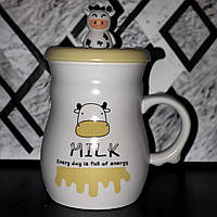 Чашка керамическая с крышкой и ложкой "Молоко-энергия", 420мл (Кружка для молока) Жовтий