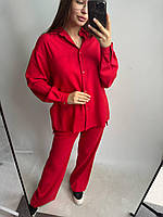 Женский летний костюм льняной M-L красный, повседневный женский костюм штаны и рубашка на прогулку легкий