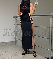 Сукня максі з вирізом на стегнах чорна довга зі смужками на боках плаття M (факт.S-M)