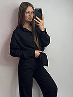 Жіночий літній костюм лляний M-L чорний, повсякденний жіночий костюм штани та сорочка на прогулянку легкий