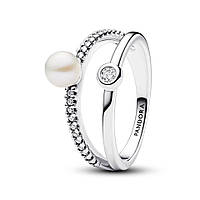 Серебряное кольцо Pandora двойное с жемчужиной и паве 193147C01