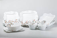 Столовый сервиз 26 квадратных тарелок керамических Белый с цветами