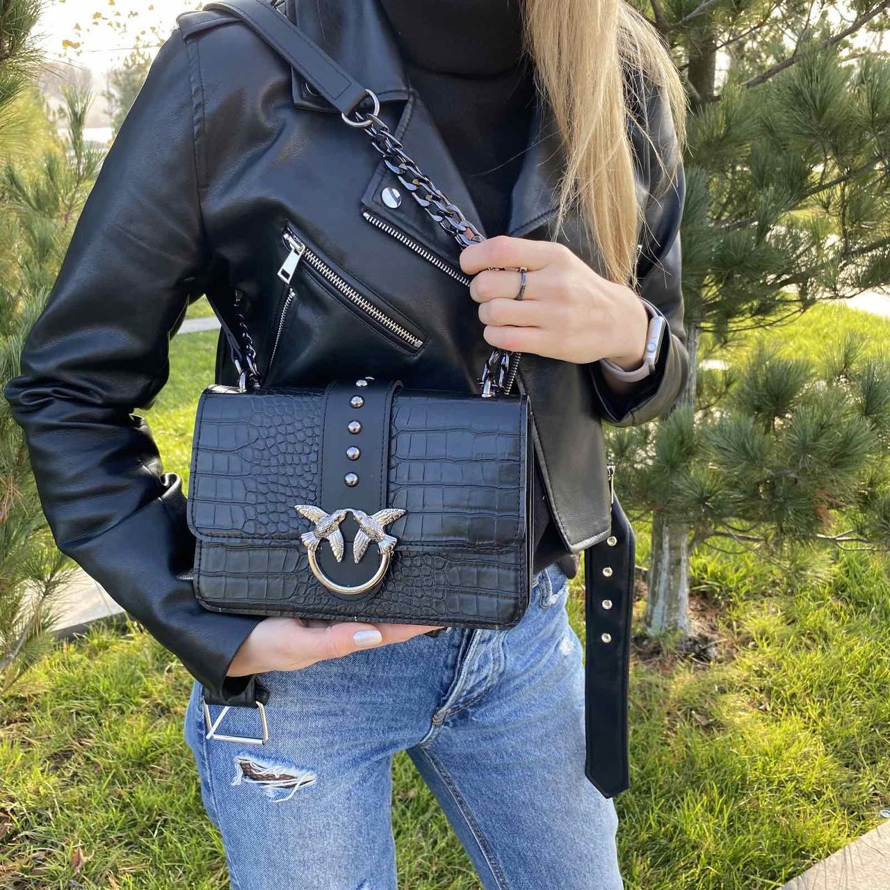 Жіноча міні сумочка клатч під рептилію з пташками, Маленька сумочка на ланцюжку з птахами