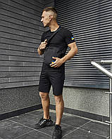 Мужской летний черный спортивный костюм с Флагом Украины , Черный комплект на лето 3в1 Футболка+Шорты+Ба trek