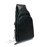 Кожаная мужская сумка слинг черная на одно плечо, Нагрудная молодежная сумочка рюкзак из натуральной кожи