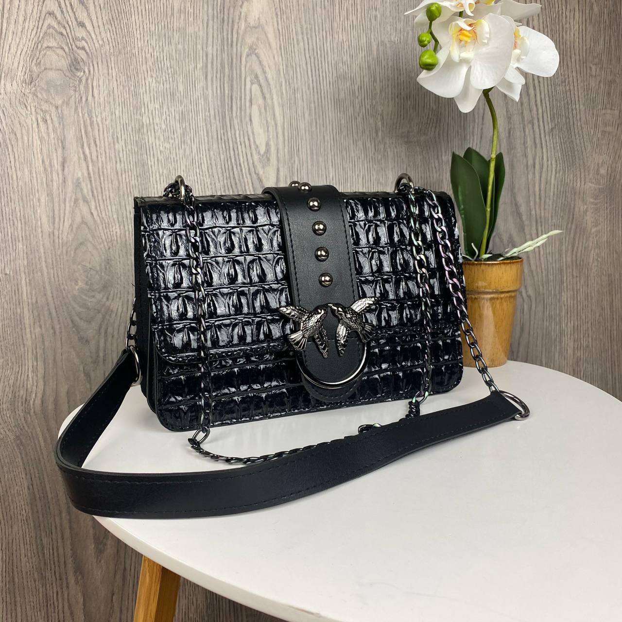 Жіноча сумочка клатч на ланцюжку лакова рептилія, міні сумка на плечо під рептилію пташки