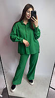 Женский летний костюм льняной M-L зеленый, повседневный женский костюм штаны и рубашка на прогулку легкий