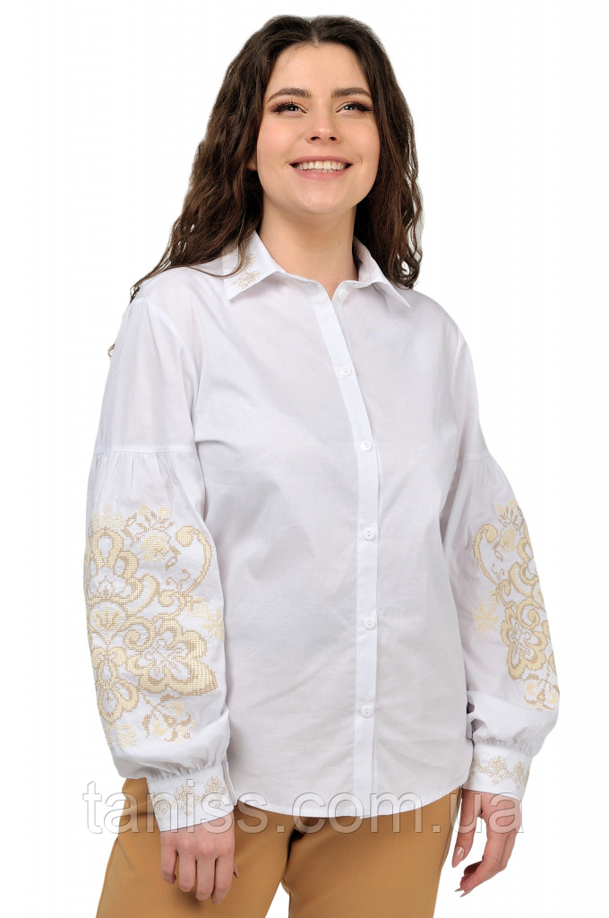 Жіноча блузка на ґудзиках, сорочка — вишиванка, тканина — котон — р. 46,48,50,52,54,56 біла/беж 56