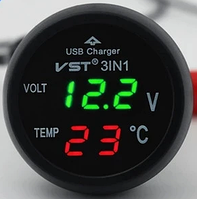 Автомобильный вольтметр термометр с USB в прикуриватель 3в1