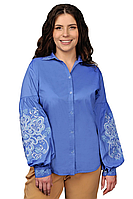 Женская блузка на пуговицах, рубашка - вышиванка, ткань коттон р. 46,48,50,52,54,56 голубая/белая