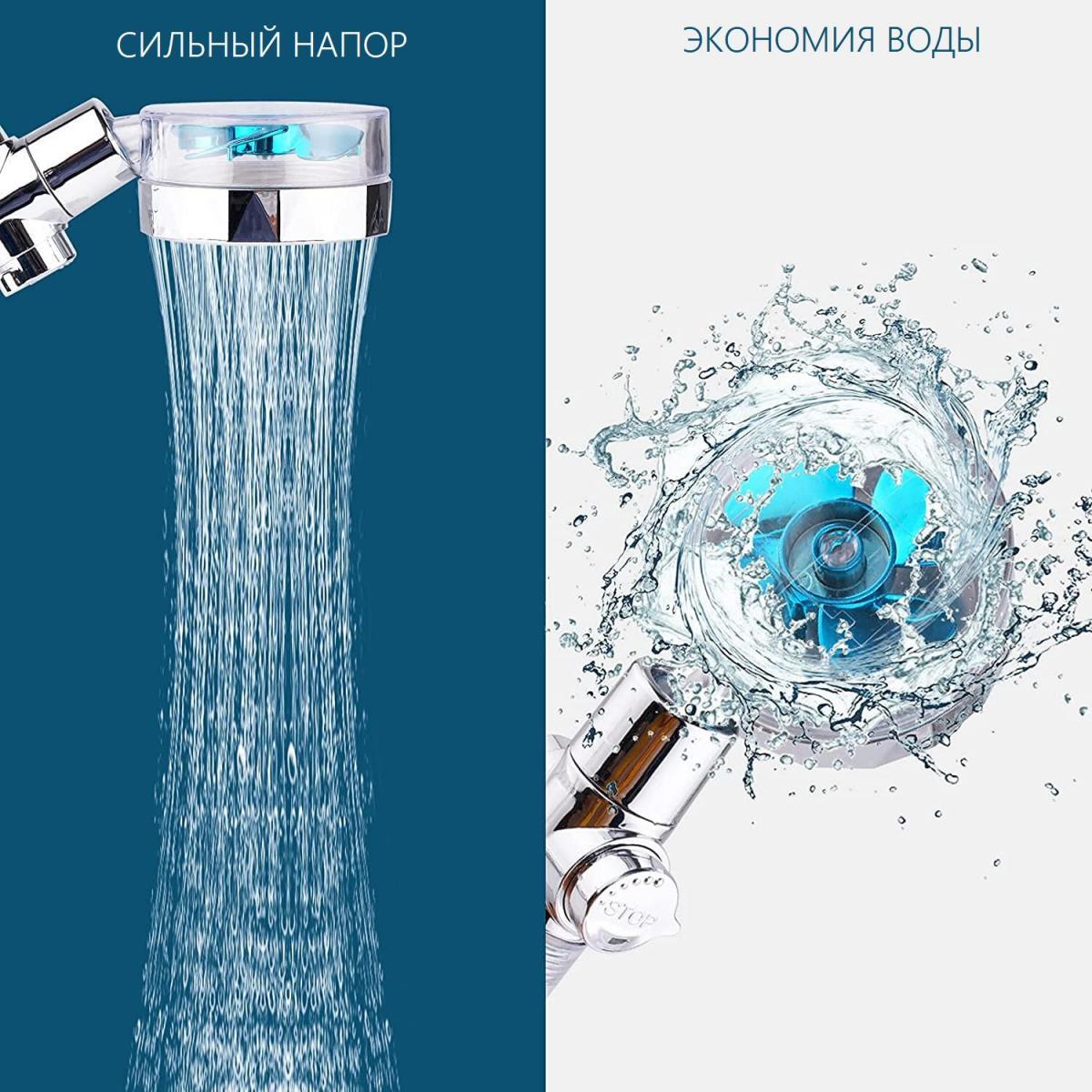 Водосберегающая воронка-насадка для душа Turbocharged shower head с функцией стоп и вращением на 360° ZXC - фото 3 - id-p2194645304