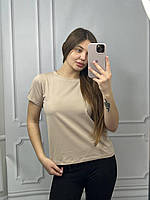 Женская футболка бежевая однотонная из хлопка размер S, женская футболка базовая простая 100% хлопок Темно-зеленый, M