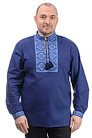 Мужская сорочка вышиванка Этно, длинный рукав, льняная ткань р.44,46,48,50,52,54 синяя