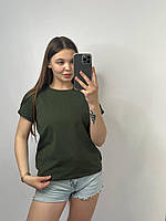Женская футболка бежевая однотонная из хлопка размер S, женская футболка базовая простая 100% хлопок Темно-зеленый, S