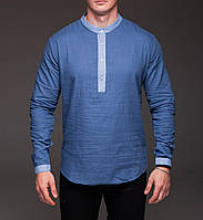 Рубашка мужская синяя льняная с длинным рукавом