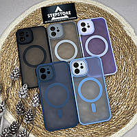 Чехол для Iphone 12 с линзами на камеру Magsafe матовый с цветным ободком прозрачный противоударный магнитный