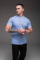 Льняная рубашка с коротким рукавом голубого цвета | 100% лён