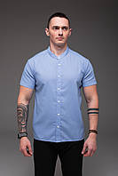 Льняная рубашка с коротким рукавом голубого цвета | 100% лён L