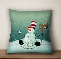 Подушка с новогодним принтом Снеговик с снежками