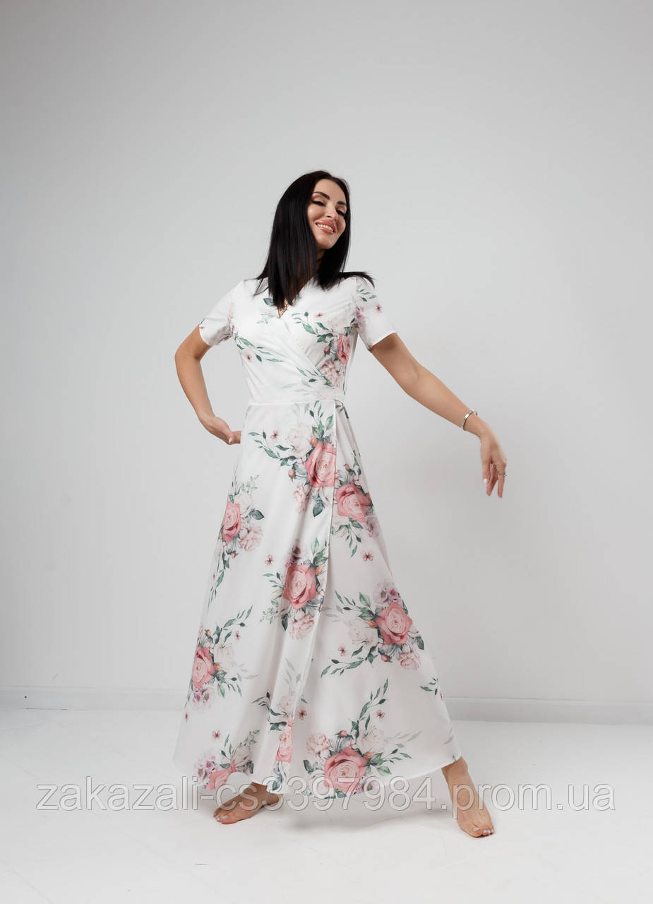 Літня сукня в підлогу, квітковий принт, софт | Жіночий довгий Сарафан із малюнком троянди на запах Максі | Норма, фото 1