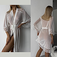 Халат женский прозрачный с кружевами с итальянской сетки на запах с поясом сексуальный белый
