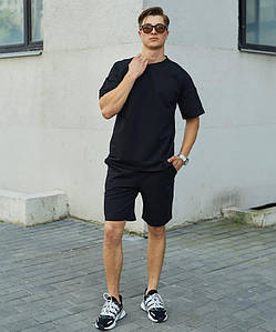 Летний костюм мужской однотонный черный футболка шорты молодежный стильный спортивный костюм для подростков