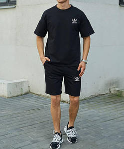 Чоловічий спортивний костюм літній чорний Адіас комплект молодіжний стильний модний на хлопця повсякденний