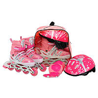 Роликовые коньки раздвижные с защитой и шлемом Power Supers 9456 размер 31-34 Pink-White