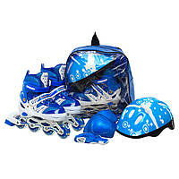 Роликовые коньки раздвижные с защитой и шлемом Power Supers 9456 размер 31-34 Blue-White