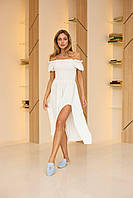 Жіноча ідеальна романтична легка літня сукня міді гумка з коротким рукавом міцна жниварка з розрізом