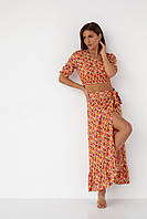 Жіночий літній костюм зі спідницею і кроп-топом Barley — кораловий колір, L (є розміри)