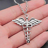 Кулон підвіска кадуцей з крилом і зміями Caduceus змія у вигляді змії значок лікарів Всесвітньої організації охорони здоров'я, фото 2