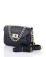Женская маленькая сумка-клатч с длинной ручкой ремешком на плечо «Бэсс» черный кожзам под крокодила Welassie