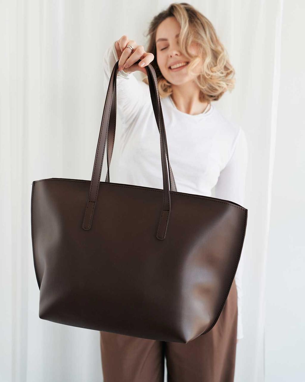 Жіноча сумка-тоут на блискавці Welassie шоколадного кольору з екошкіри на одне відділення «Емілі»