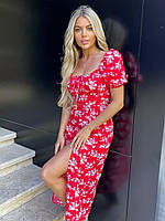 Красивое летнее женское платье миди с завязками на груди цветочный софт принт с коротким рукавом с разрезом Красный, 48