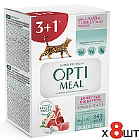 Набор влажного корма для кошек с чувствительным пищеварением Optimeal ягненок и индейка 3+1,340 г х 8 наборов