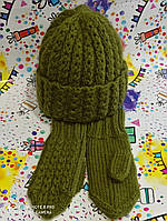 Женский комплект, шапка с отворотом и варежки, рукавички, ручная работа,.р. 55-59, оливковый цвет.