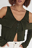 В'язаний пуловер на ґудзиках із відкритими плечима — темно-зелений колір, L (є розміри), фото 4