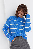 Жіночий в'язаний светр оверсайз у смужку — синій колір, L (є розміри)