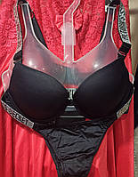 Комплект женского белья со стразами Виктория Сикрет, пуш-ап, В,80,85. Черный цвет.