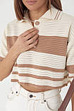 Укорочена ажурна футболка поло в смужку — бежевий колір, L (є розміри), фото 4