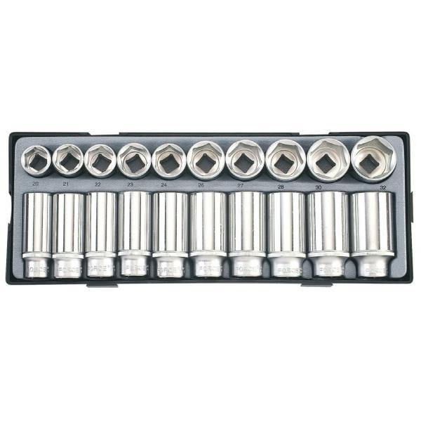 1/2" Набір головок 6-г. коротких і глибоких 20 пр. (в ложементі) (FORCE T4203)