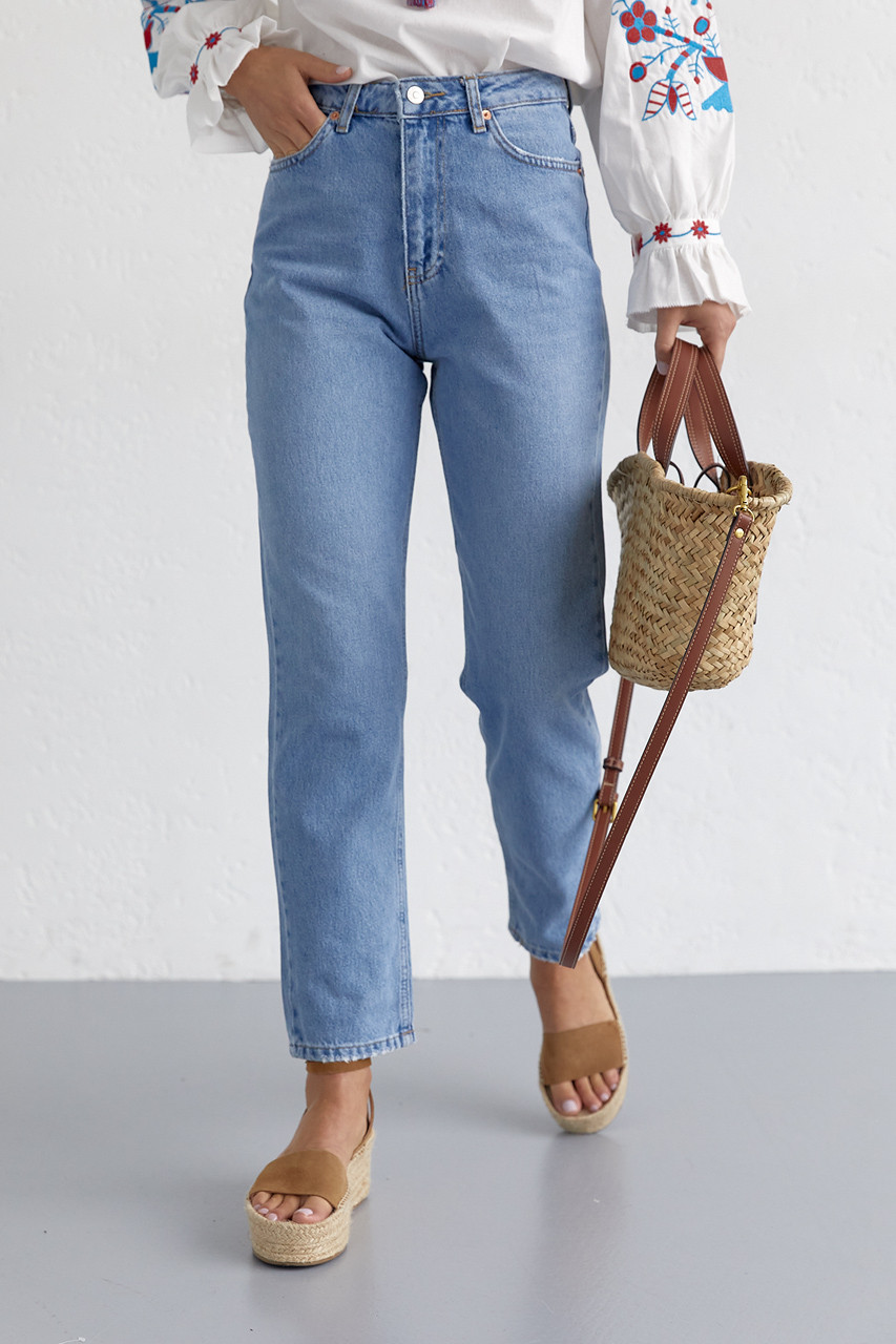 Жіночі джинси МОМ із завищеною талією — блакитний колір, 38р (є розміри)
